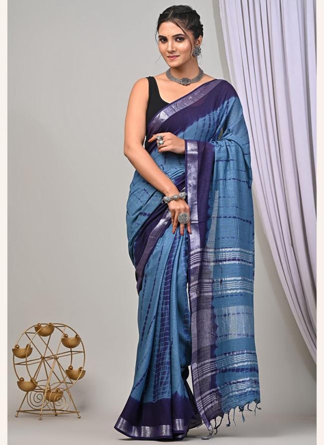 Linen Sea Blue Casual Wear Printed Saree